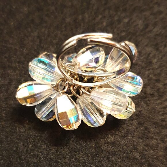 One of A Kind Vintage 1960s Aurora Borealis Glass Cluster Flower Adjustable Ring - Picture 8 of 15